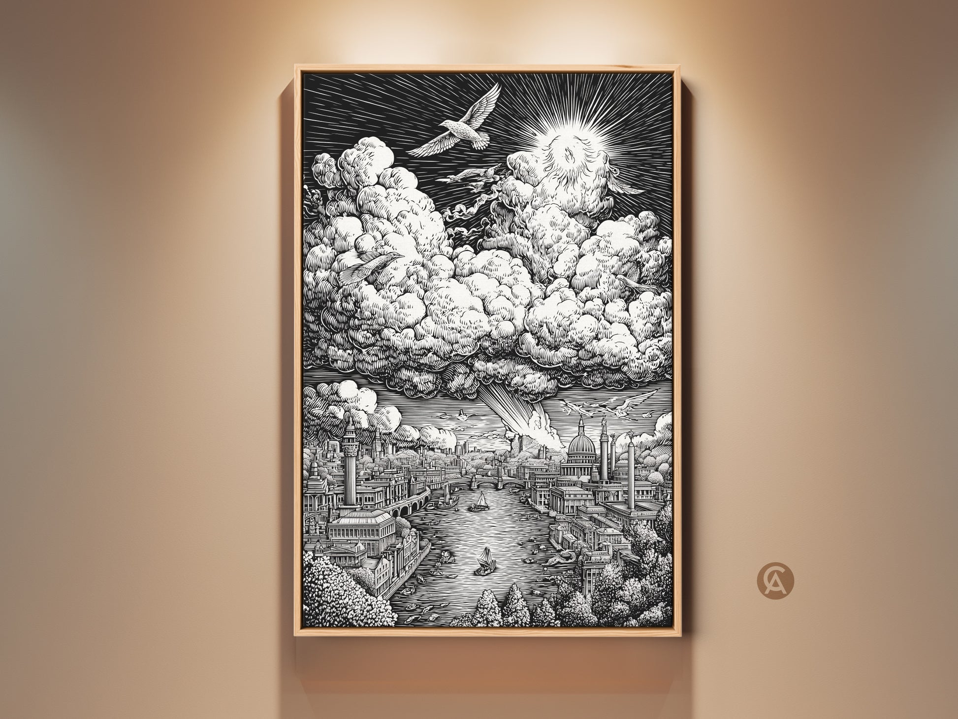 Monochrome artwork featuring London cityscape. The Thames River flows beneath detailed buildings. Above are fluffy clouds and a radiant sun. Birds soar in the sky. This framed art print adds urban sophistication to any space.