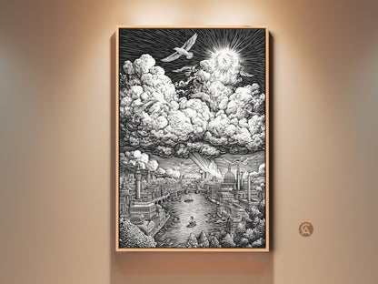 Monochrome artwork featuring London cityscape. The Thames River flows beneath detailed buildings. Above are fluffy clouds and a radiant sun. Birds soar in the sky. This framed art print adds urban sophistication to any space.