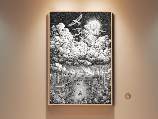 Monochrome artwork featuring London cityscape. The Thames River flows beneath detailed buildings. Above are fluffy clouds and a radiant sun. Birds soar in the sky. This framed art print adds urban sophistication to any space.