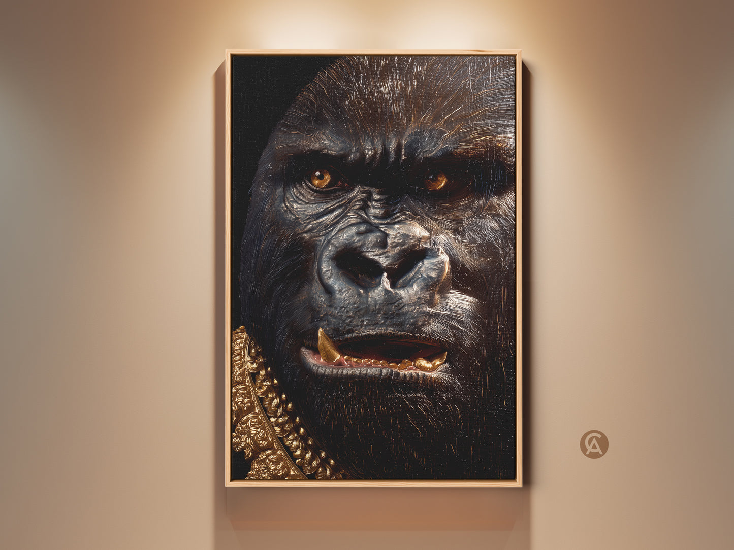 Framed gorilla art is on display. The artwork features a close-up of a gorilla's face. It has a golden chain. The art is matted and framed. Shop framed animal art.