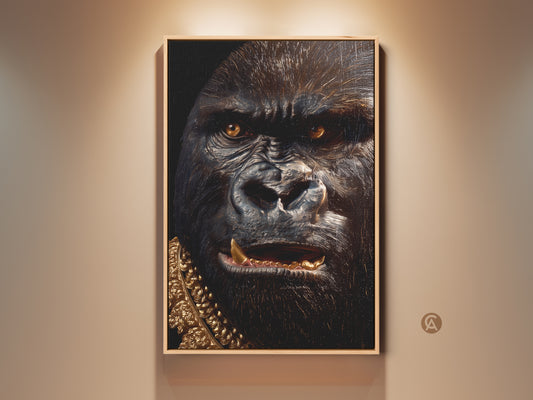Framed gorilla art is on display. The artwork features a close-up of a gorilla's face. It has a golden chain. The art is matted and framed. Shop framed animal art.
