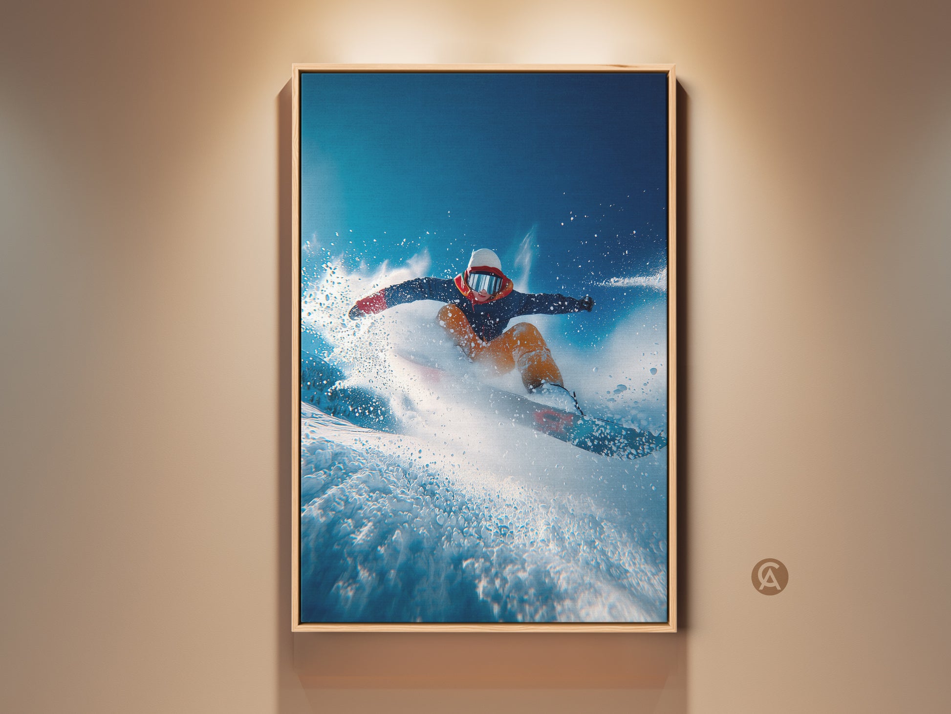 Framed snowboarder art jumps high on a wall. The artwork has a wood frame. The image captures the thrill of winter sports. This wall art brings an action-packed feel to any room.