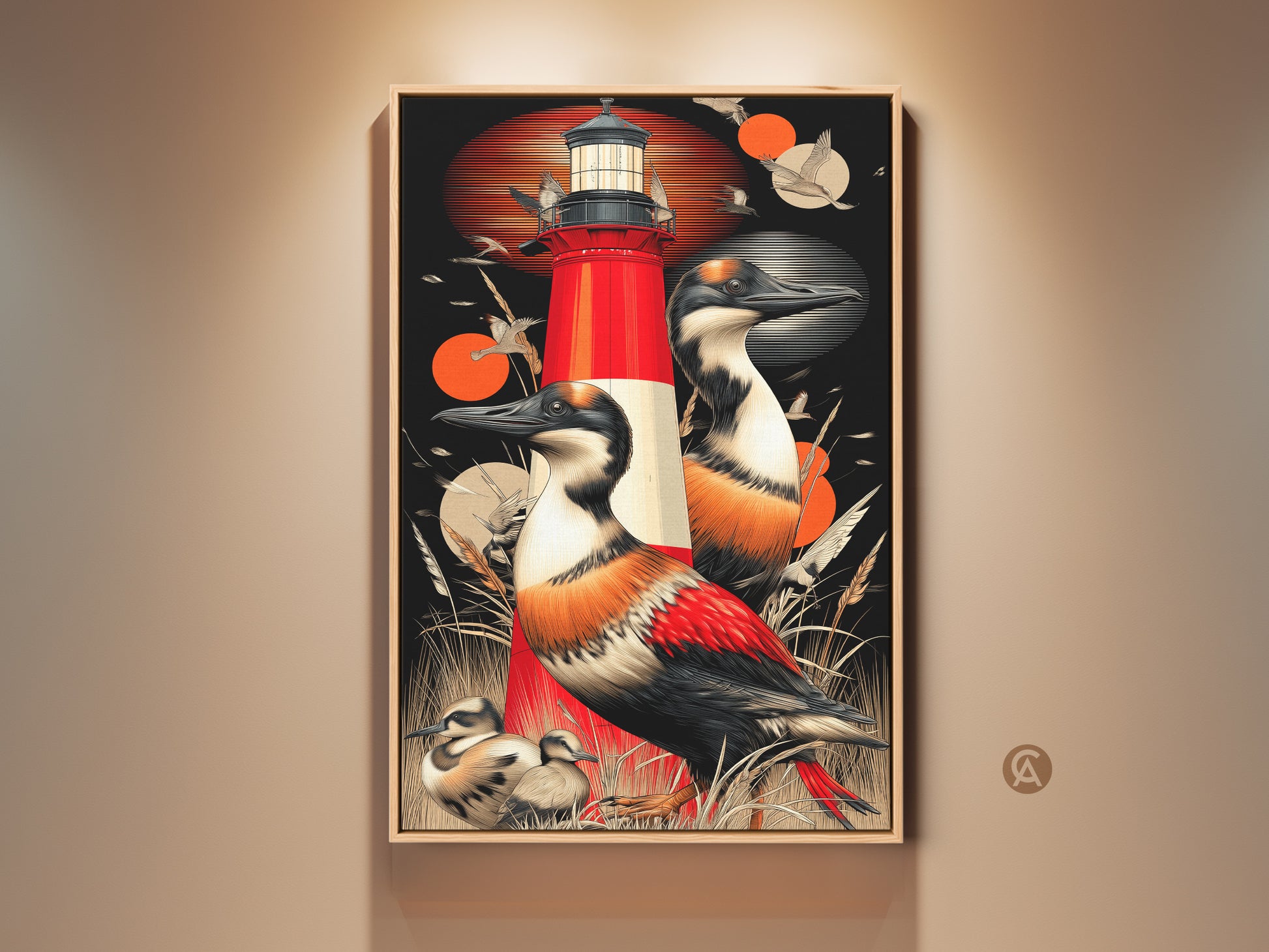 This framed artwork features a red lighthouse and seabirds. It is a retro coastal print perfect for entryway decor. The seabirds and baby ducklings add a touch of wildlife. The art features a vibrant red hue against a black backdrop and natural tones. This piece is ideal for coastal home accent or a bird lover gift