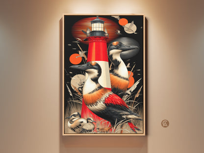This framed artwork features a red lighthouse and seabirds. It is a retro coastal print perfect for entryway decor. The seabirds and baby ducklings add a touch of wildlife. The art features a vibrant red hue against a black backdrop and natural tones. This piece is ideal for coastal home accent or a bird lover gift