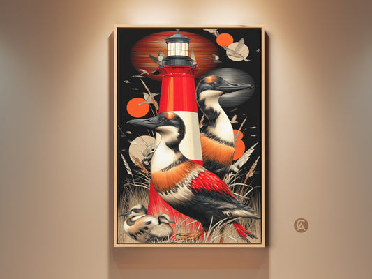 This framed artwork features a red lighthouse and seabirds. It is a retro coastal print perfect for entryway decor. The seabirds and baby ducklings add a touch of wildlife. The art features a vibrant red hue against a black backdrop and natural tones. This piece is ideal for coastal home accent or a bird lover gift