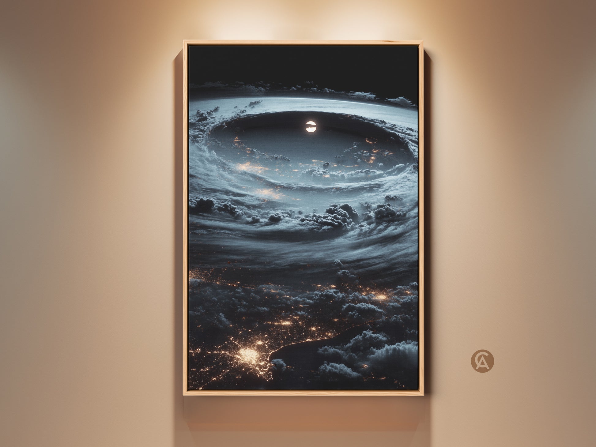 Surreal space art print displayed in a frame. View of a hurricane from space shows Earth's city lights. Deep blue and gray colors create a contemporary artwork. Perfect wall decor for astronomy enthusiasts. A captivating celestial view for any room. This unique home art adds cosmic drama.