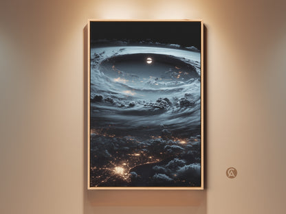 Surreal space art print displayed in a frame. View of a hurricane from space shows Earth's city lights. Deep blue and gray colors create a contemporary artwork. Perfect wall decor for astronomy enthusiasts. A captivating celestial view for any room. This unique home art adds cosmic drama.
