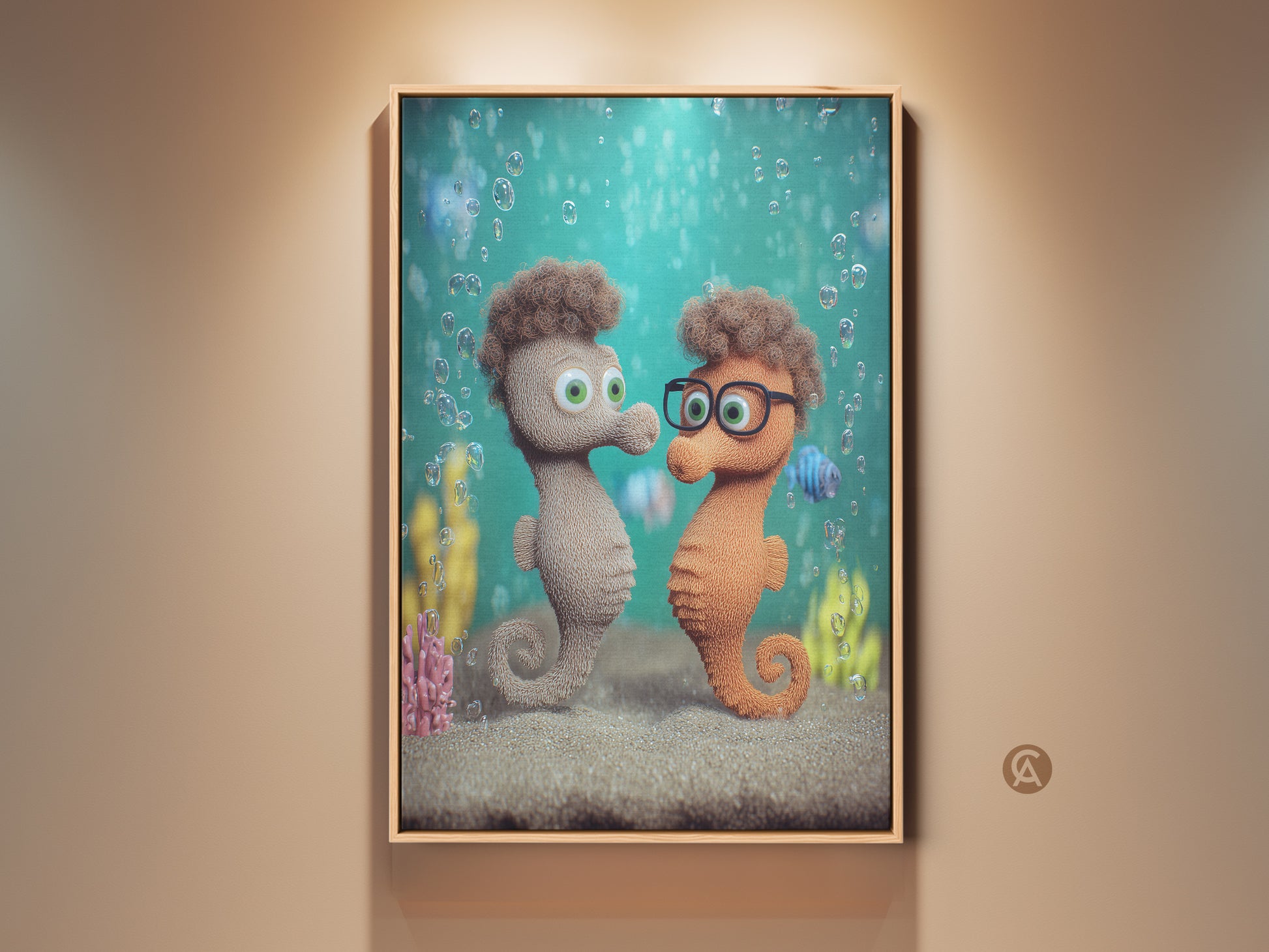 Seahorse Couple Canvas Art Print displayed in a neutral room. Cute cartoon underwater kids room decor is visible. This teal green nursery wall art makes a great baby shower gift. The whimsical ocean theme artwork features a playful seahorse family.