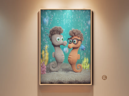 Seahorse Couple Canvas Art Print displayed in a neutral room. Cute cartoon underwater kids room decor is visible. This teal green nursery wall art makes a great baby shower gift. The whimsical ocean theme artwork features a playful seahorse family.