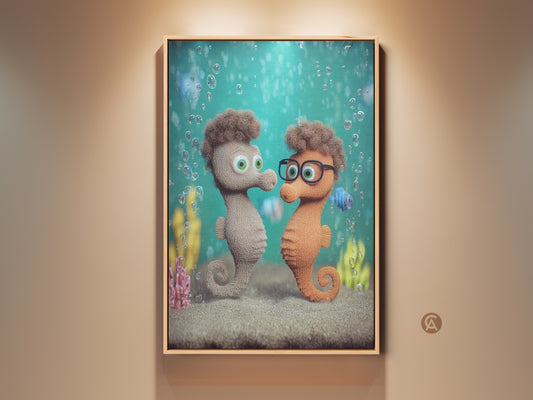 Seahorse Couple Canvas Art Print displayed in a neutral room. Cute cartoon underwater kids room decor is visible. This teal green nursery wall art makes a great baby shower gift. The whimsical ocean theme artwork features a playful seahorse family.