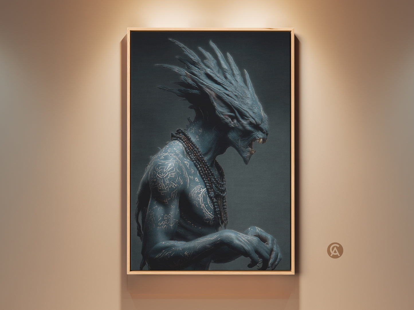 Elevate your space with this captivating framed art. It features a blue alien warrior with intricate tattoos wearing a beaded necklace. The artwork is beautifully illuminated adding depth and intrigue to any room. Shop now for unique sci-fi prints