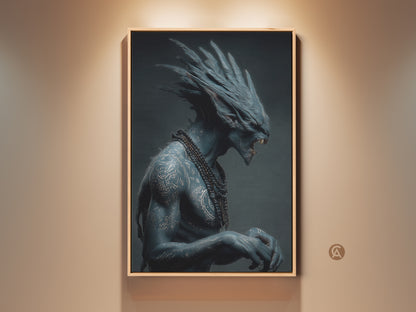Elevate your space with this captivating framed art. It features a blue alien warrior with intricate tattoos wearing a beaded necklace. The artwork is beautifully illuminated adding depth and intrigue to any room. Shop now for unique sci-fi prints
