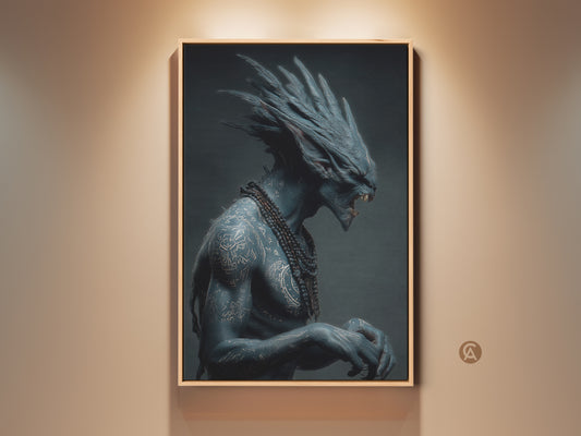 Elevate your space with this captivating framed art. It features a blue alien warrior with intricate tattoos wearing a beaded necklace. The artwork is beautifully illuminated adding depth and intrigue to any room. Shop now for unique sci-fi prints