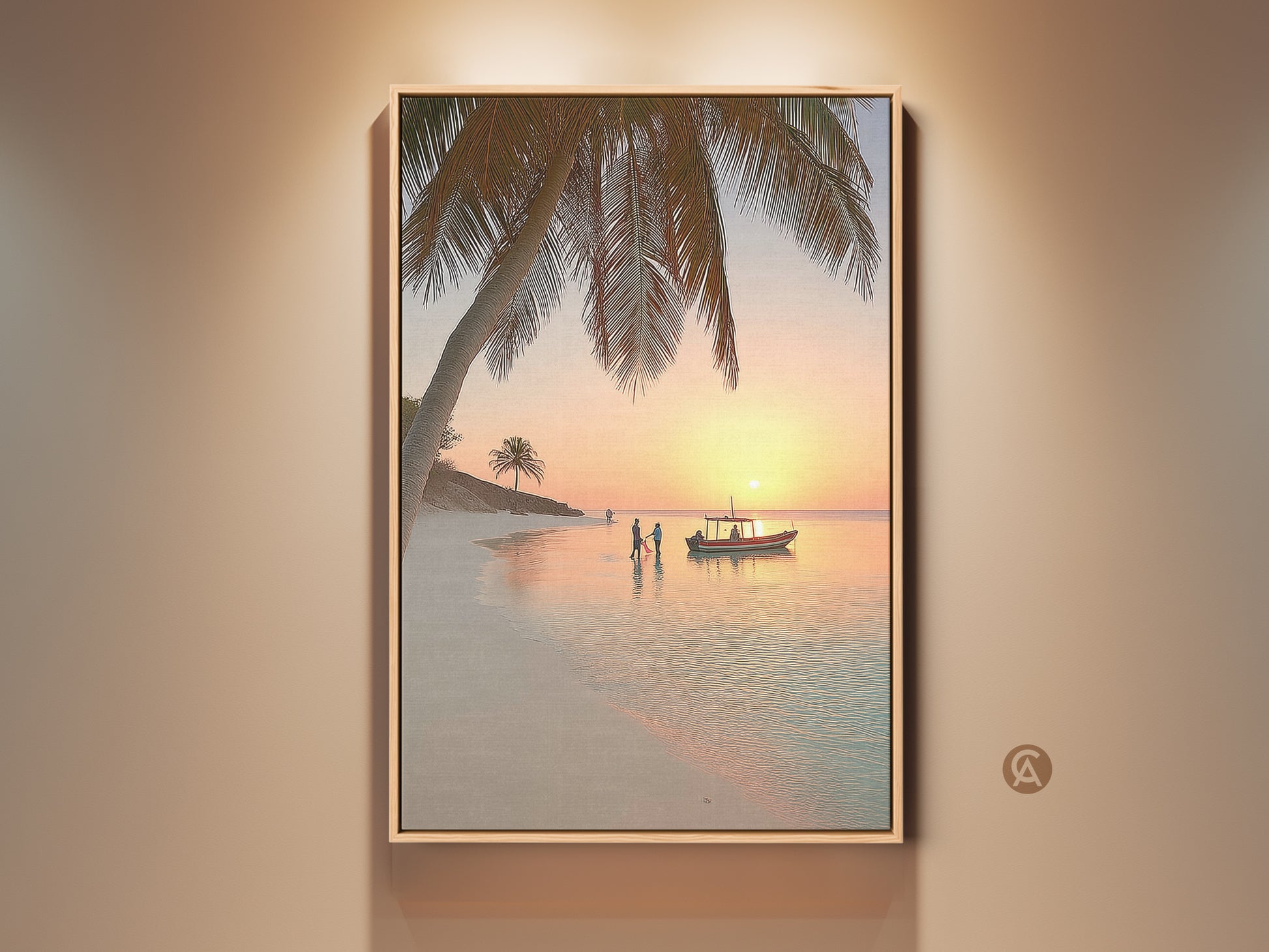 Beach sunset wall art featuring a palm tree and boat. This coastal canvas print captures a tropical ocean landscape. The orange yellow and teal artwork is perfect for home decor. It brings a tranquil beach scene into any residential space. It is an ideal housewarming gift for beach lovers.