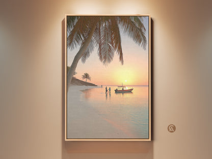 Beach sunset wall art featuring a palm tree and boat. This coastal canvas print captures a tropical ocean landscape. The orange yellow and teal artwork is perfect for home decor. It brings a tranquil beach scene into any residential space. It is an ideal housewarming gift for beach lovers.