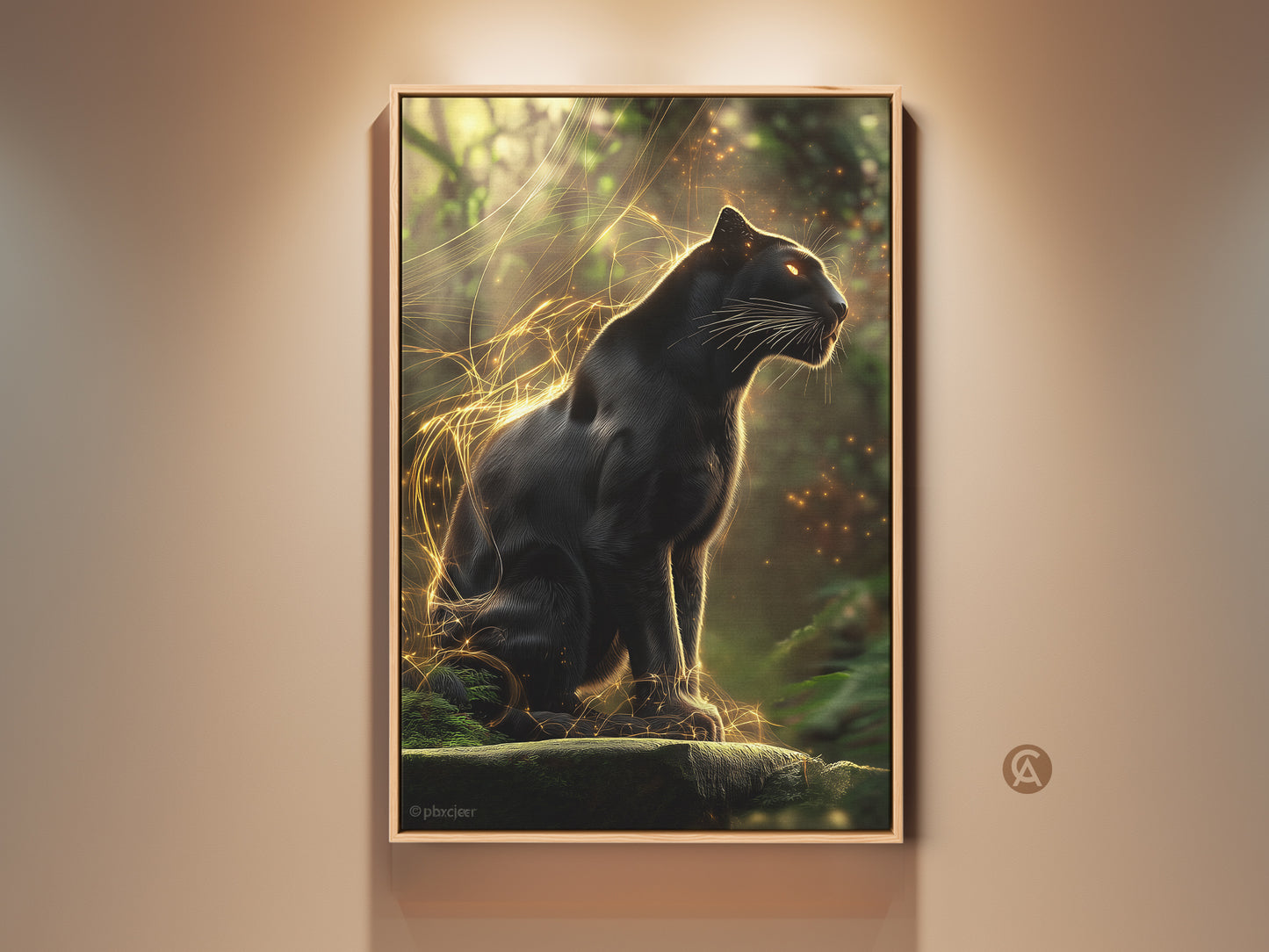 Black Panther art print displayed in a frame. This gold jungle cat wall art adds eclectic flair to any bedroom. The wildlife canvas showcases a fantasy creature in a powerful pose. A perfect piece for animal lovers seeking unique home decor.