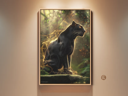 Black Panther art print displayed in a frame. This gold jungle cat wall art adds eclectic flair to any bedroom. The wildlife canvas showcases a fantasy creature in a powerful pose. A perfect piece for animal lovers seeking unique home decor.