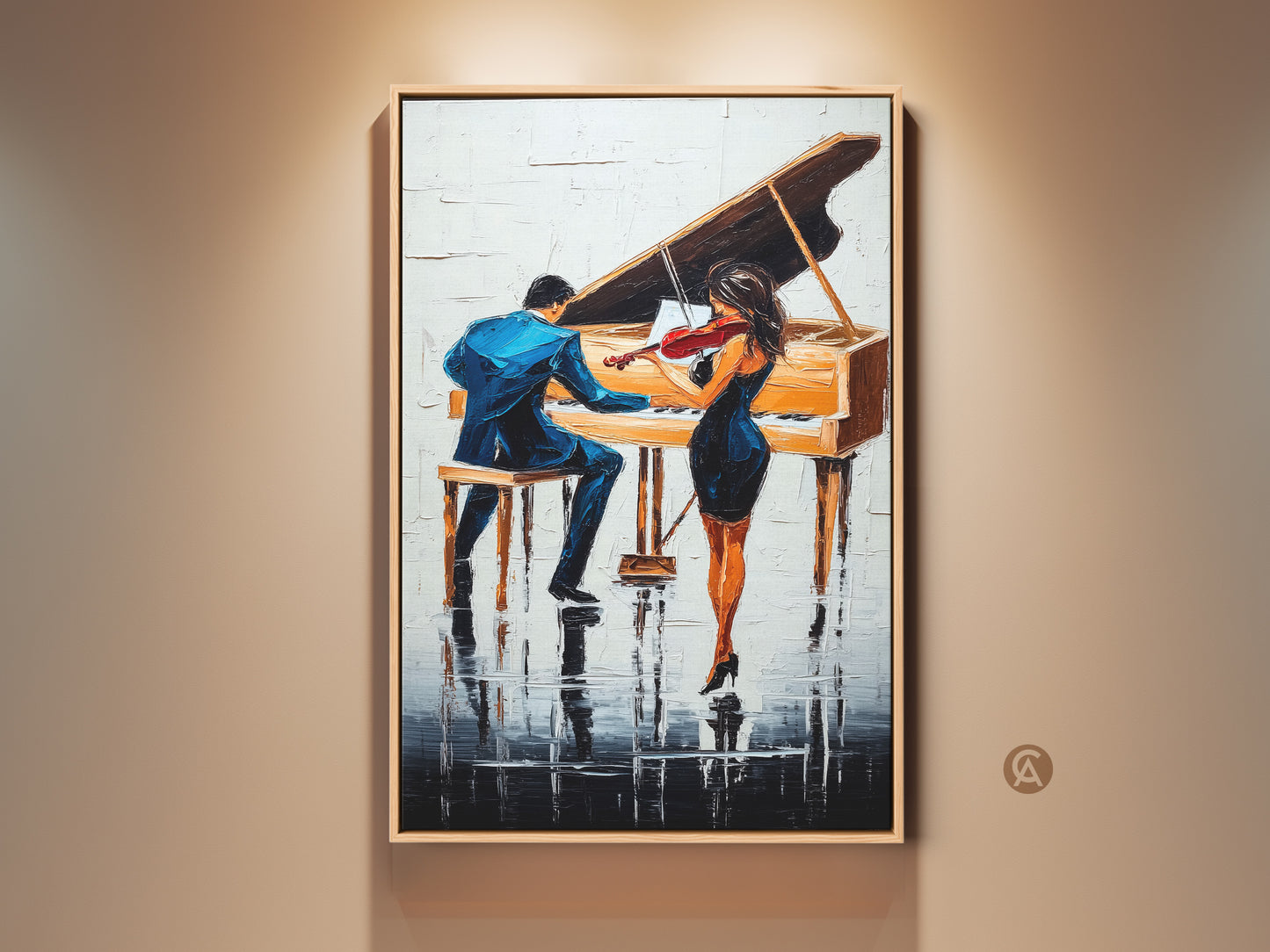 Experience the allure of this abstract piano art. It shows a violin duo in an impressionist style. The canvas print features blue and orange hues. This contemporary music decor offers a unique anniversary gift idea.