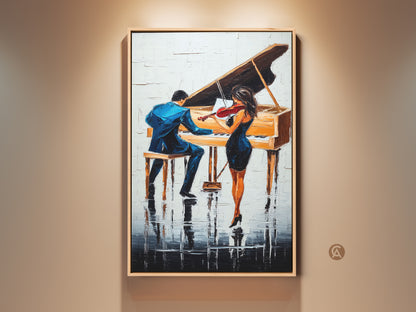 Experience the allure of this abstract piano art. It shows a violin duo in an impressionist style. The canvas print features blue and orange hues. This contemporary music decor offers a unique anniversary gift idea.
