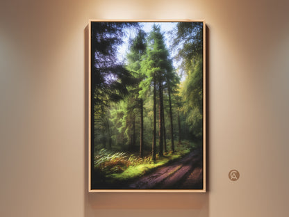 Framed emerald green pine tree forest path wall art. This rustic landscape canvas print brings nature indoors. The deep green woodland decor is perfect as a housewarming gift. This photorealistic artwork enhances any bedroom.