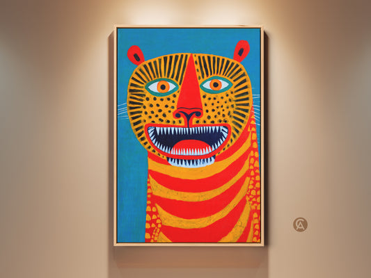 Modern folk art tiger canvas print displayed. This animal face print features bold colors of blue red and yellow. The abstract style makes it a unique piece of home decor for eclectic or modern rustic spaces. An eye-catching artwork choice for animal lovers.