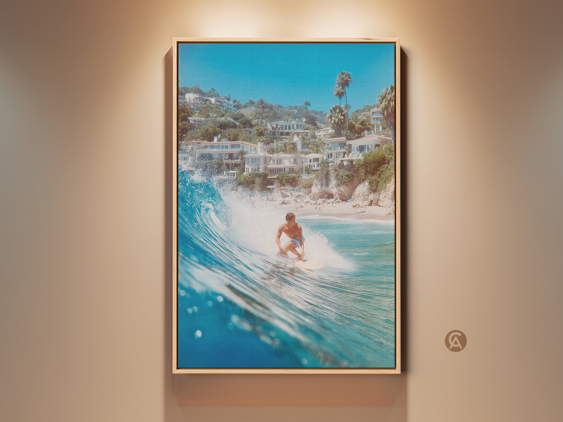 A surfer rides a wave near a picturesque beach town. This vibrant artwork captures the essence of coastal living. The surfer is framed with a blue wave. The art would be perfect for surf enthusiasts and beach lovers. It brings the spirit of the ocean into your space.
