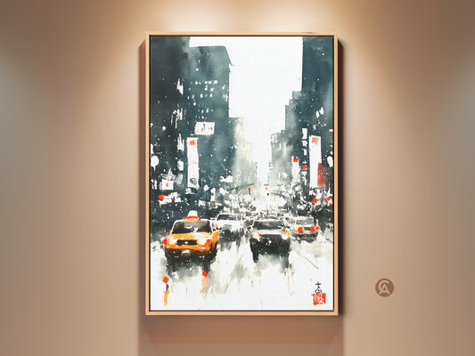 Experience the energy of the city with this framed watercolor art. This artwork captures a bustling New York City street scene. See yellow cabs and towering buildings. A perfect piece for urban art lovers. Gallery-quality print enhances any space with its vibrant colors and expressive brushstrokes.