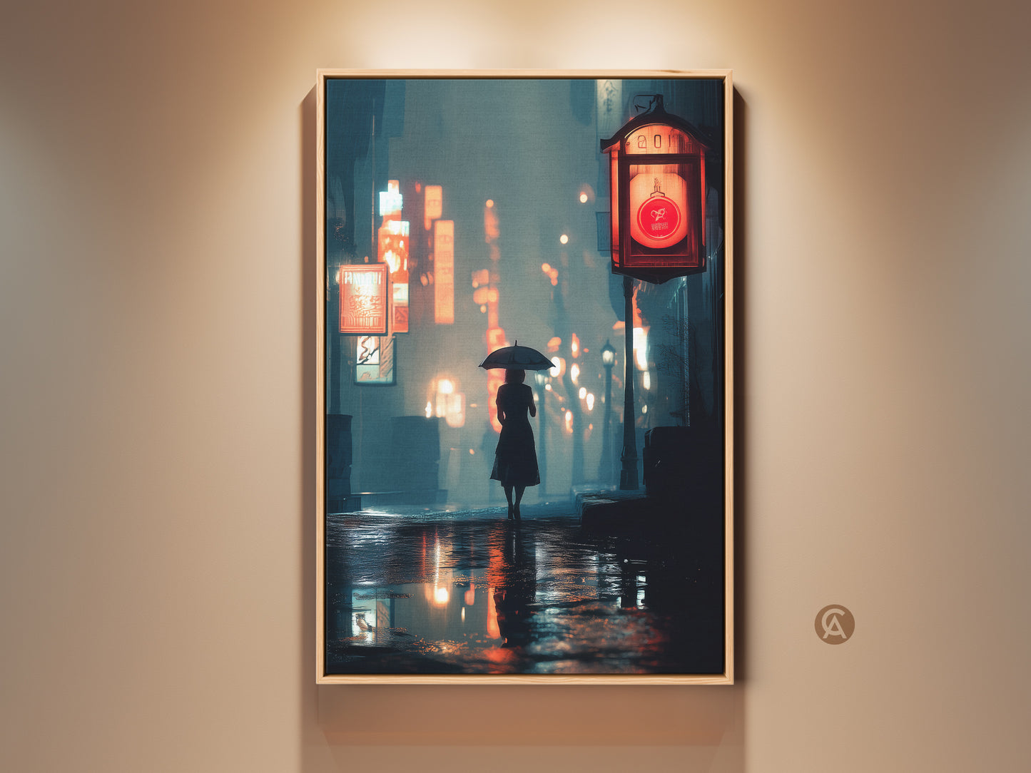 Cinematic cityscape canvas art. A solitary woman with an umbrella walks along a wet street. Neon signs glow in orange and teal. This urban nightlife print adds sophistication. Perfect contemporary entryway decor. A great travel lover gift.