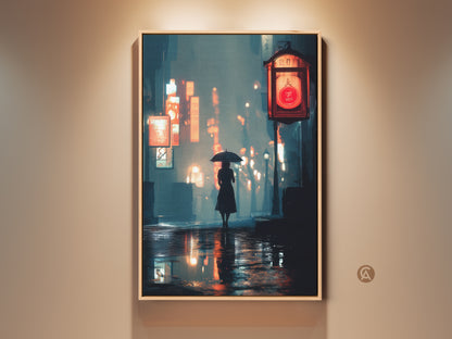 Cinematic cityscape canvas art. A solitary woman with an umbrella walks along a wet street. Neon signs glow in orange and teal. This urban nightlife print adds sophistication. Perfect contemporary entryway decor. A great travel lover gift.
