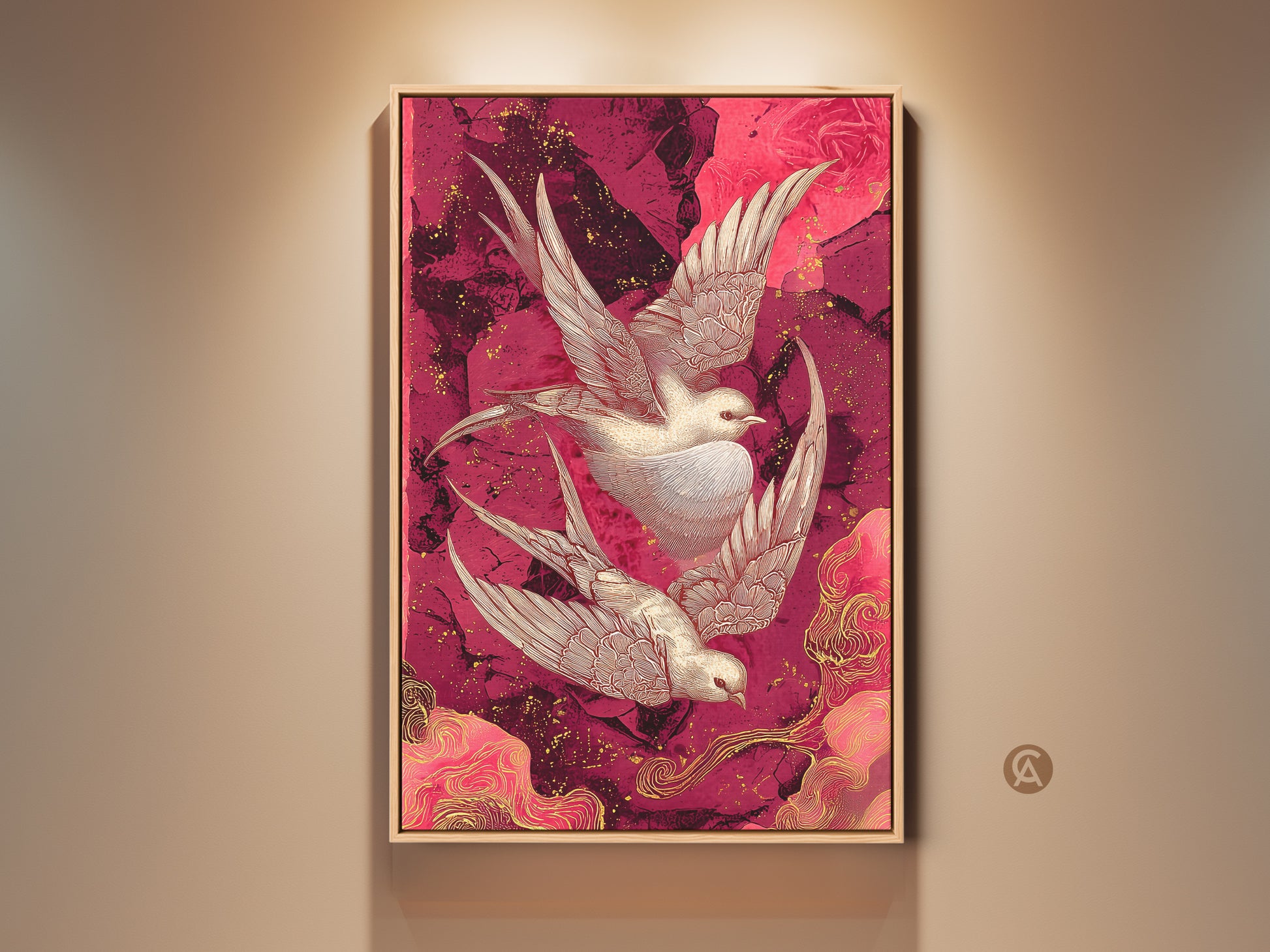Framed oriental swallow art in a sophisticated living room setting. This crimson floral canvas art features elegant birds and gold accents. A perfect eclectic home decor piece. Shop now for unique wall art to elevate your space animal lover gift print.