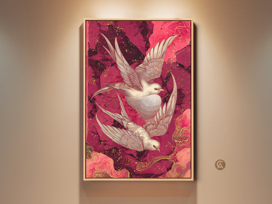 Framed oriental swallow art in a sophisticated living room setting. This crimson floral canvas art features elegant birds and gold accents. A perfect eclectic home decor piece. Shop now for unique wall art to elevate your space animal lover gift print.