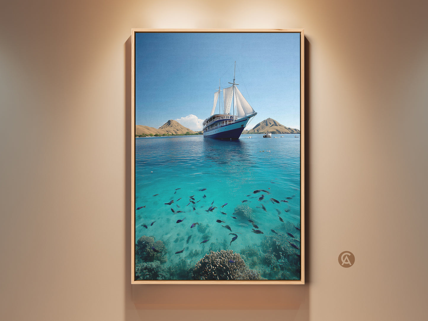 Nautical scene canvas art print. A sailing ship floats on a turquoise ocean. A school of fish swims below. It is coastal artwork perfect for beach house wall decor bedroom wall art. It is a unique travel theme art print. A wonderful housewarming gift for beach lovers.
