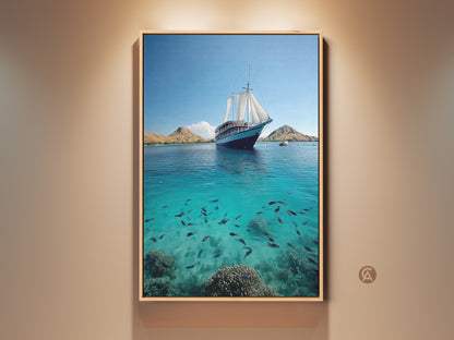 Nautical scene canvas art print. A sailing ship floats on a turquoise ocean. A school of fish swims below. It is coastal artwork perfect for beach house wall decor bedroom wall art. It is a unique travel theme art print. A wonderful housewarming gift for beach lovers.