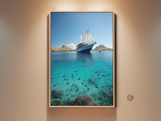 Nautical scene canvas art print. A sailing ship floats on a turquoise ocean. A school of fish swims below. It is coastal artwork perfect for beach house wall decor bedroom wall art. It is a unique travel theme art print. A wonderful housewarming gift for beach lovers.