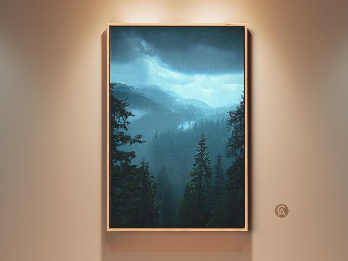 Rustic mountain forest canvas art in a wood frame. Deep blue and teal green landscape print. Moody pine trees wall art. Perfect rustic home decor art. A great outdoor lover gift idea. This nature scene wall hanging is ideal for forest cabin decor.