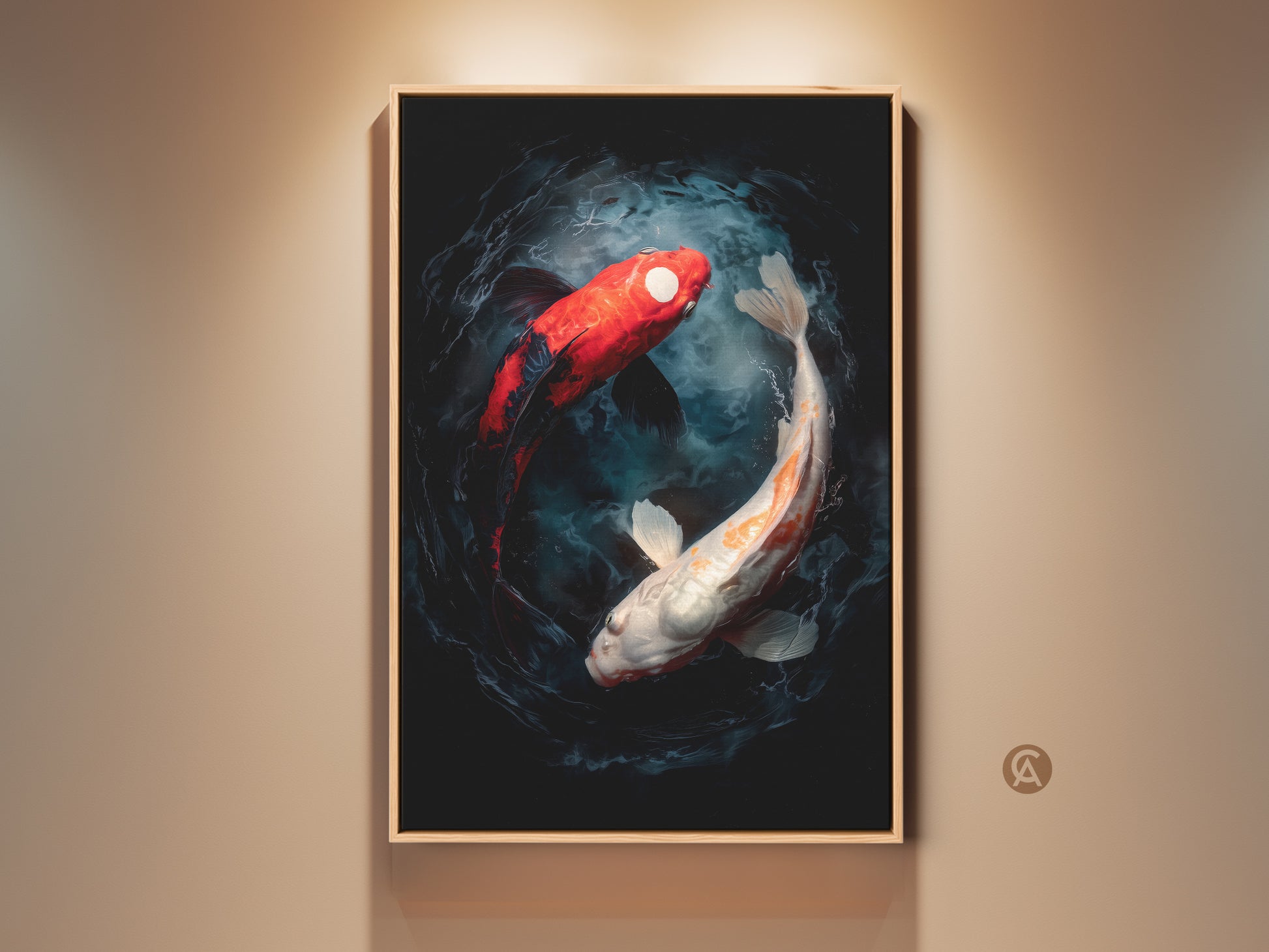 Framed koi fish art print. This artwork features two koi fish swimming in a yin and yang formation. The colors are vibrant and the art is modern. This fish artwork is ready to hang