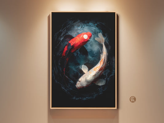 Framed koi fish art print. This artwork features two koi fish swimming in a yin and yang formation. The colors are vibrant and the art is modern. This fish artwork is ready to hang