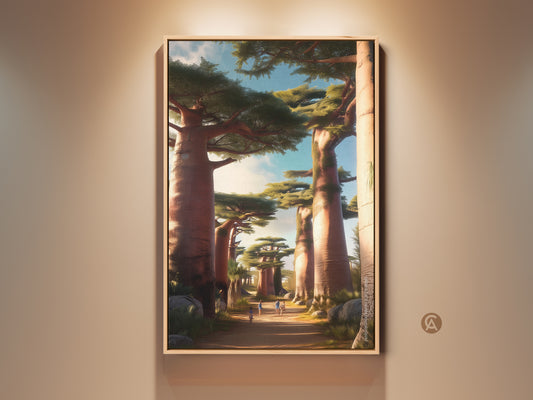 African Baobab Tree art print in a residential setting. The earthy tones canvas features a painterly landscape with warm ochre and sky blue accents. This travel themed home artwork brings a boho aesthetic. Perfect housewarming gift for nature lovers with adventurous spirit.