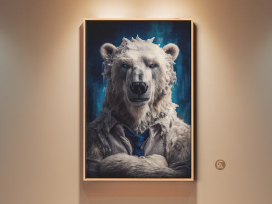 A surreal polar bear artwork commands attention. This office wall decor idea showcases an eclectic animal portrait in striking dark blue tones. This wildlife art print will add sophistication to your workspace. Consider this unique gift for animal lovers who appreciate cool artwork.