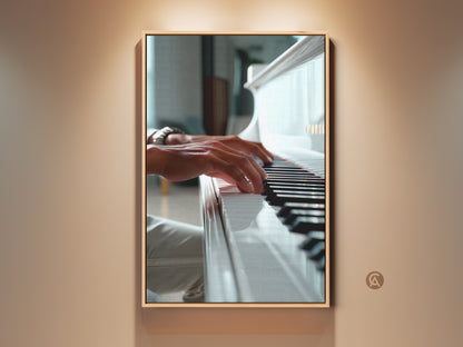 Framed piano art print. Close-up of hands playing a white grand piano. The artwork has a gold frame. A great piece for music lovers. Perfect wall art for home or office. Buy it now to add elegance to your space.