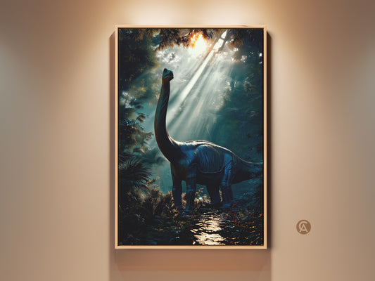 Realistic Brontosaurus art print in a framed presentation. It features a prehistoric dinosaur canvas in a deep green jungle scene. The artwork is bedroom decor perfect for a dinosaur enthusiast.