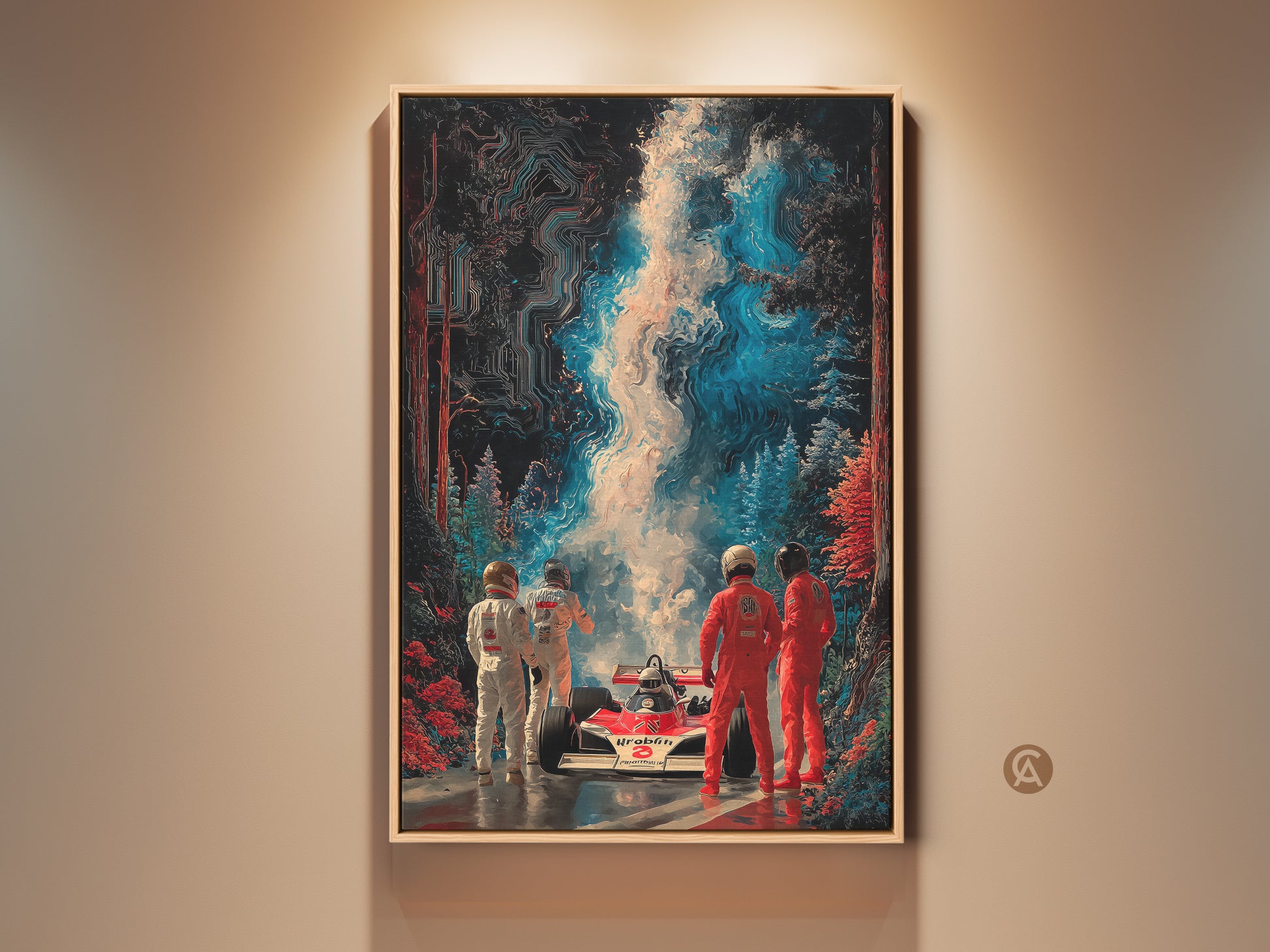 Abstract Formula 1 racing car artwork print. The digital art features a modern speed aesthetic. Perfect man cave decor or office wall art. A unique birthday gift for F1 fans. Red white and blue colors.