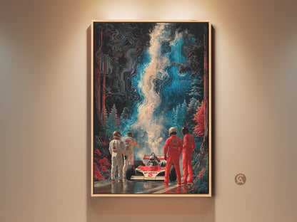 Abstract Formula 1 racing car artwork print. The digital art features a modern speed aesthetic. Perfect man cave decor or office wall art. A unique birthday gift for F1 fans. Red white and blue colors.