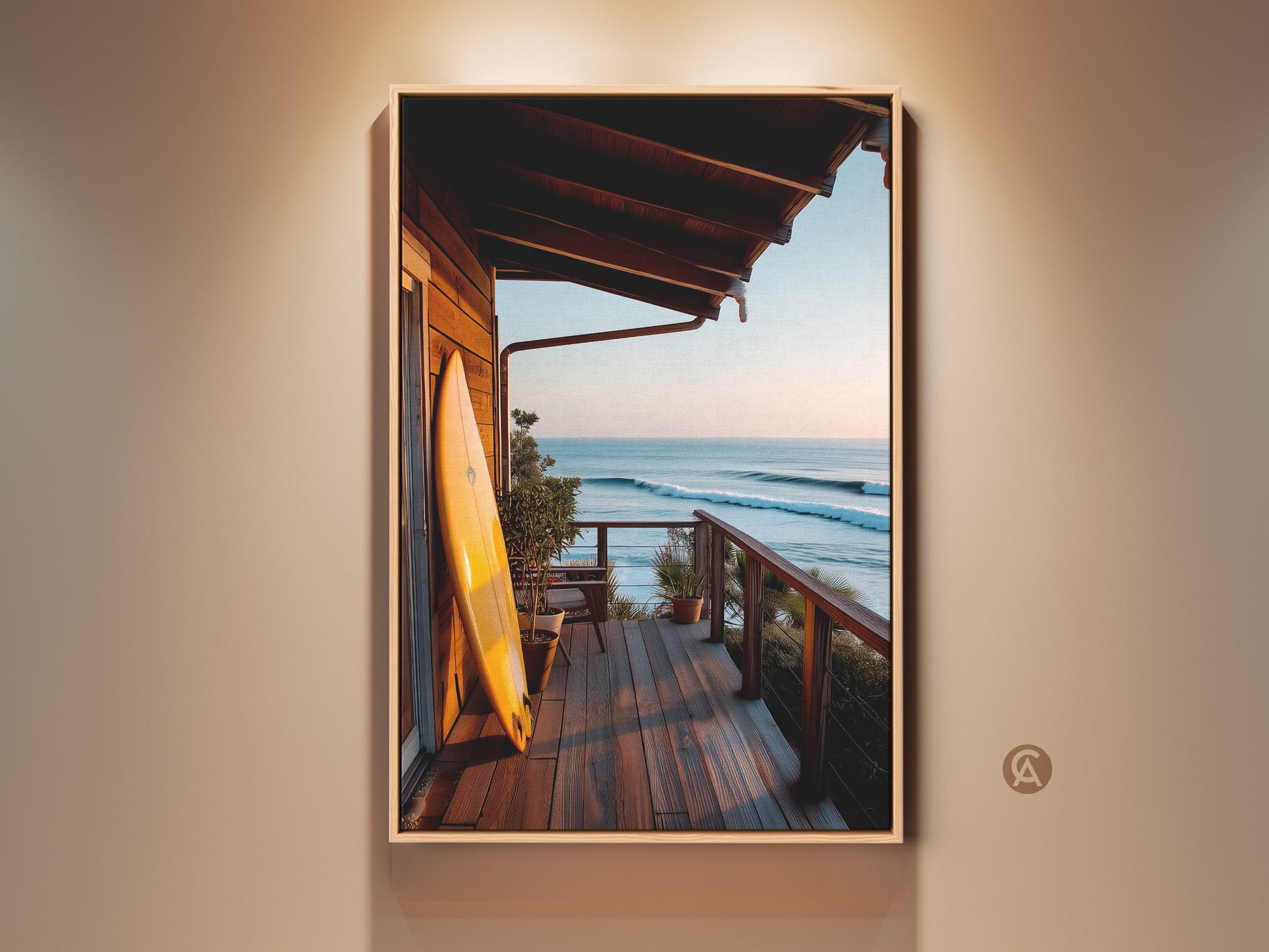 A framed coastal art piece showcases a surfboard on a porch. The artwork captures a serene ocean view at sunset. This framed canvas adds a touch of beach house style. It is perfect for coastal home decor. Ready to hang and enjoy this ocean art print.