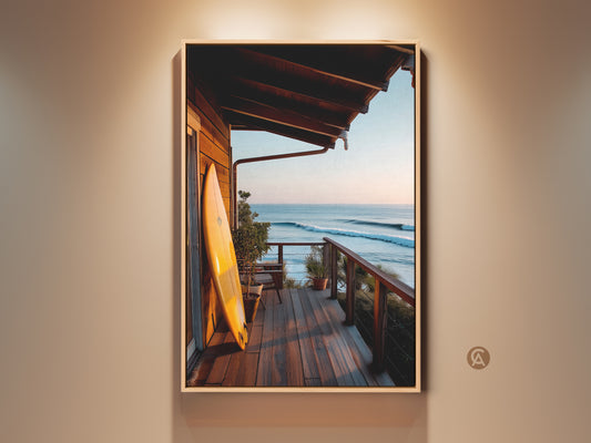 A framed coastal art piece showcases a surfboard on a porch. The artwork captures a serene ocean view at sunset. This framed canvas adds a touch of beach house style. It is perfect for coastal home decor. Ready to hang and enjoy this ocean art print.