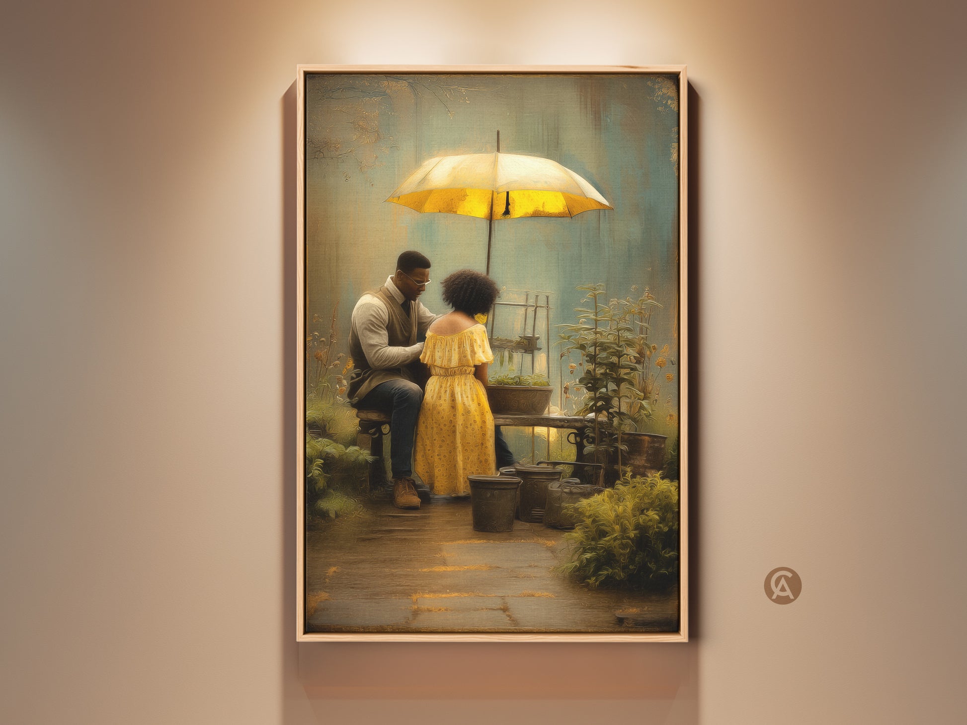 Boho romantic wall art print showing a couple gardening under a yellow umbrella. The artwork features a brown green nature scene. It makes a thoughtful anniversary gift for couples. The print adds a touch of warmth to any bedroom or living space with its personal artistic touch.