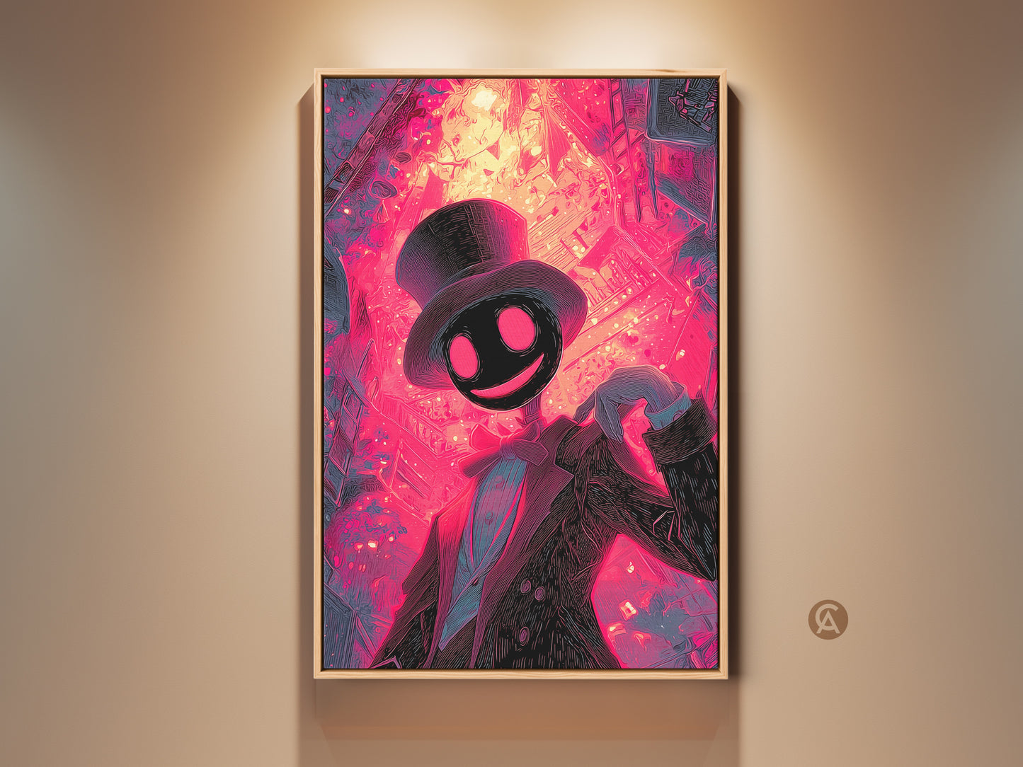 This framed artwork features a whimsical character. The figure has a top hat and glowing red eyes. The art style is modern with bright pinks and purples. The artwork is on display under a spotlight.