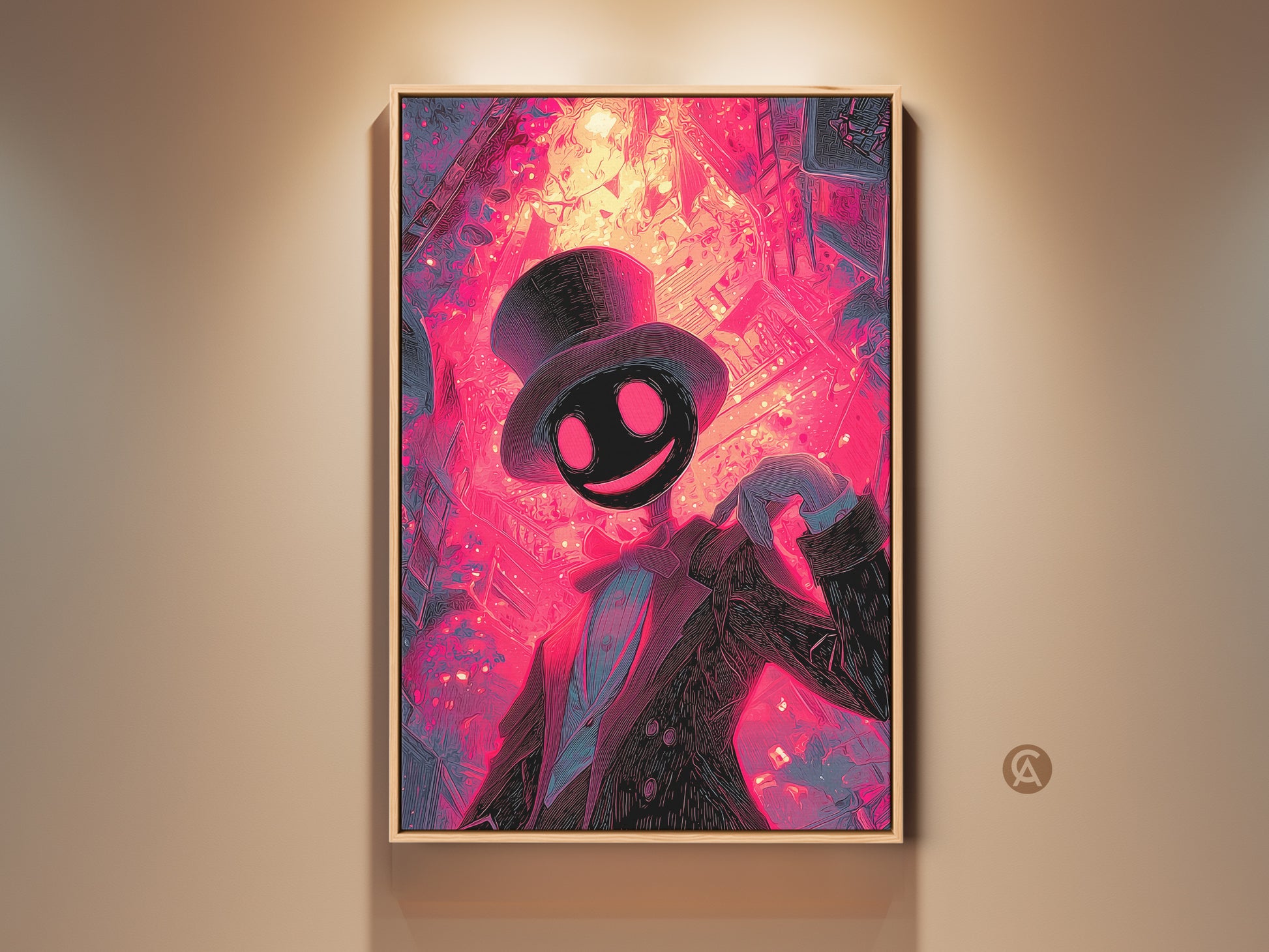 This framed artwork features a whimsical character. The figure has a top hat and glowing red eyes. The art style is modern with bright pinks and purples. The artwork is on display under a spotlight.