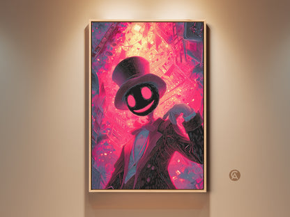 This framed artwork features a whimsical character. The figure has a top hat and glowing red eyes. The art style is modern with bright pinks and purples. The artwork is on display under a spotlight.