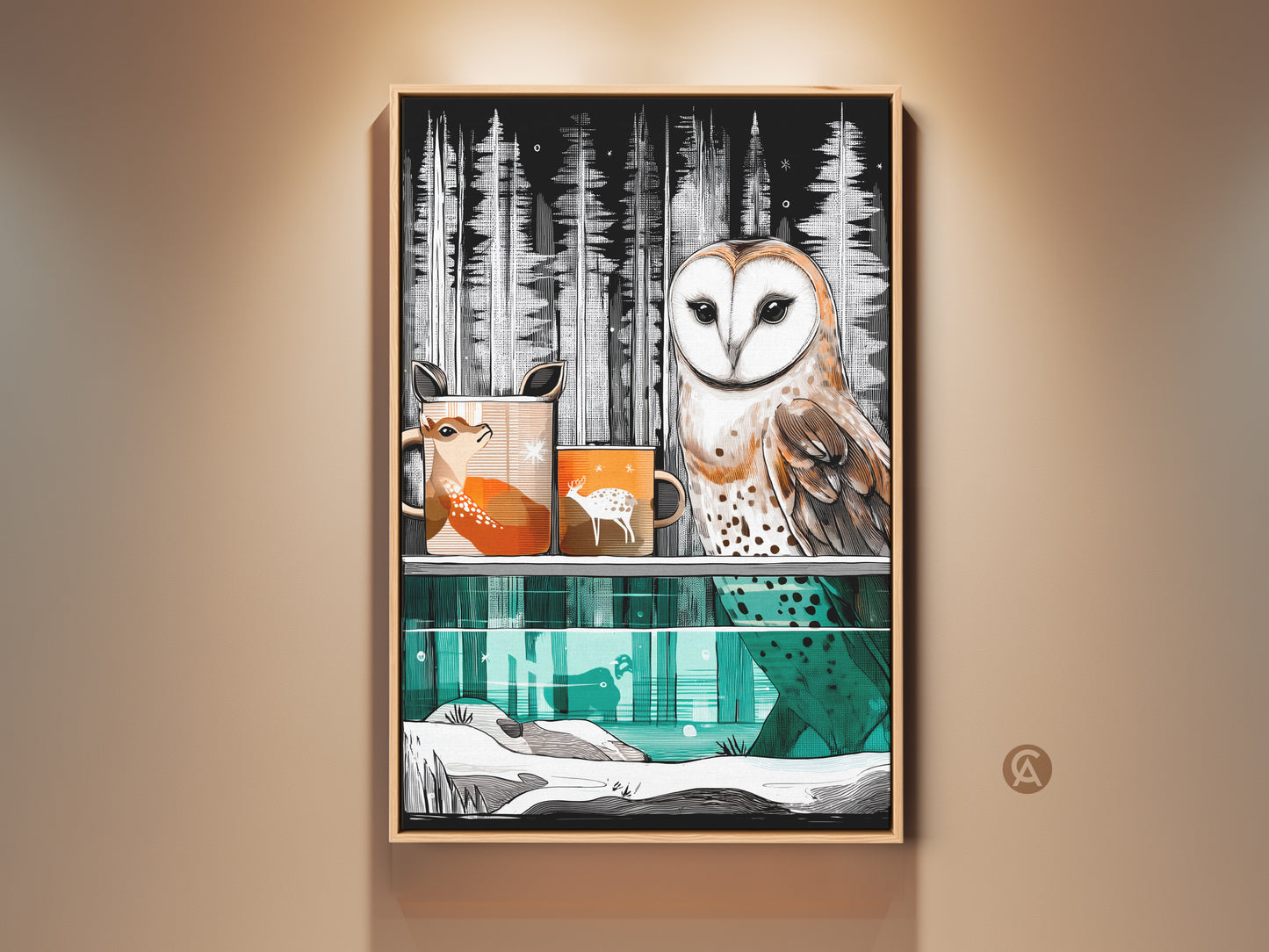 Woodland canvas print showcases barn owl and deer art. Scandinavian nature wall decor adds winter forest animal art. Teal and brown tones create a cozy gift idea. Perfect animal lover gift art.